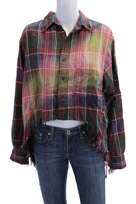 Furst of a Kind Womens Button Front Plaid High Low Shirt Multicolored Size Small