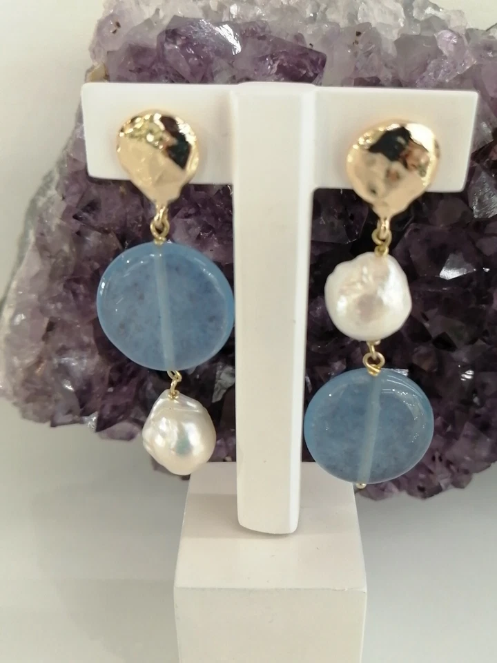 Orecchini Pendenti Donna Argento 925/bron pietre naturali, Perla agata celest  - Immagine 4 di 4