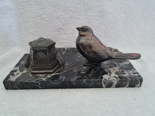 ART DECO 1930'S FRENCH BRONZE WREN INKWELL WITH MARBLE BASED DESK TIDY VGC - Picture 7 of 12