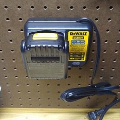 DeWalt battery charger peg board hook wall mount holder mount 3d printed 
