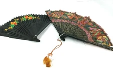 2 Vintage Hand Held Folding Fans Silk Wood Paper Plastic Embossed Ribs Antique