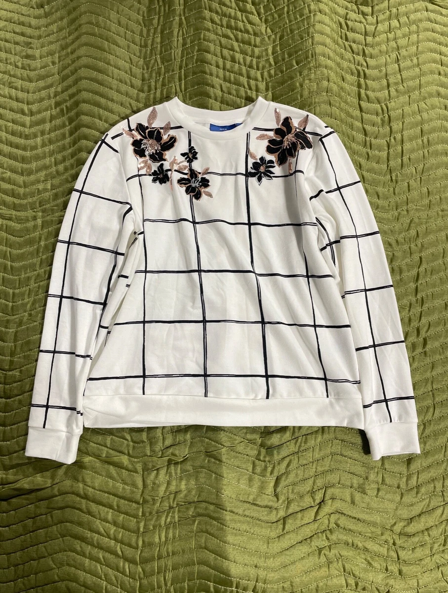 Women s APT 9 White Grid Striped Sweater with Flowers Size Small