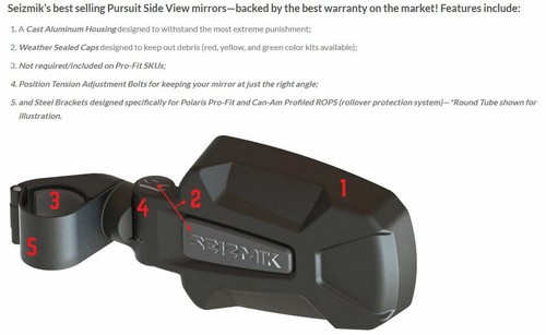 SEIZMIK Pursuit Side Mirrors Aluminum Fits Polaris Rangers with Pro Fit Cage - Picture 3 of 4