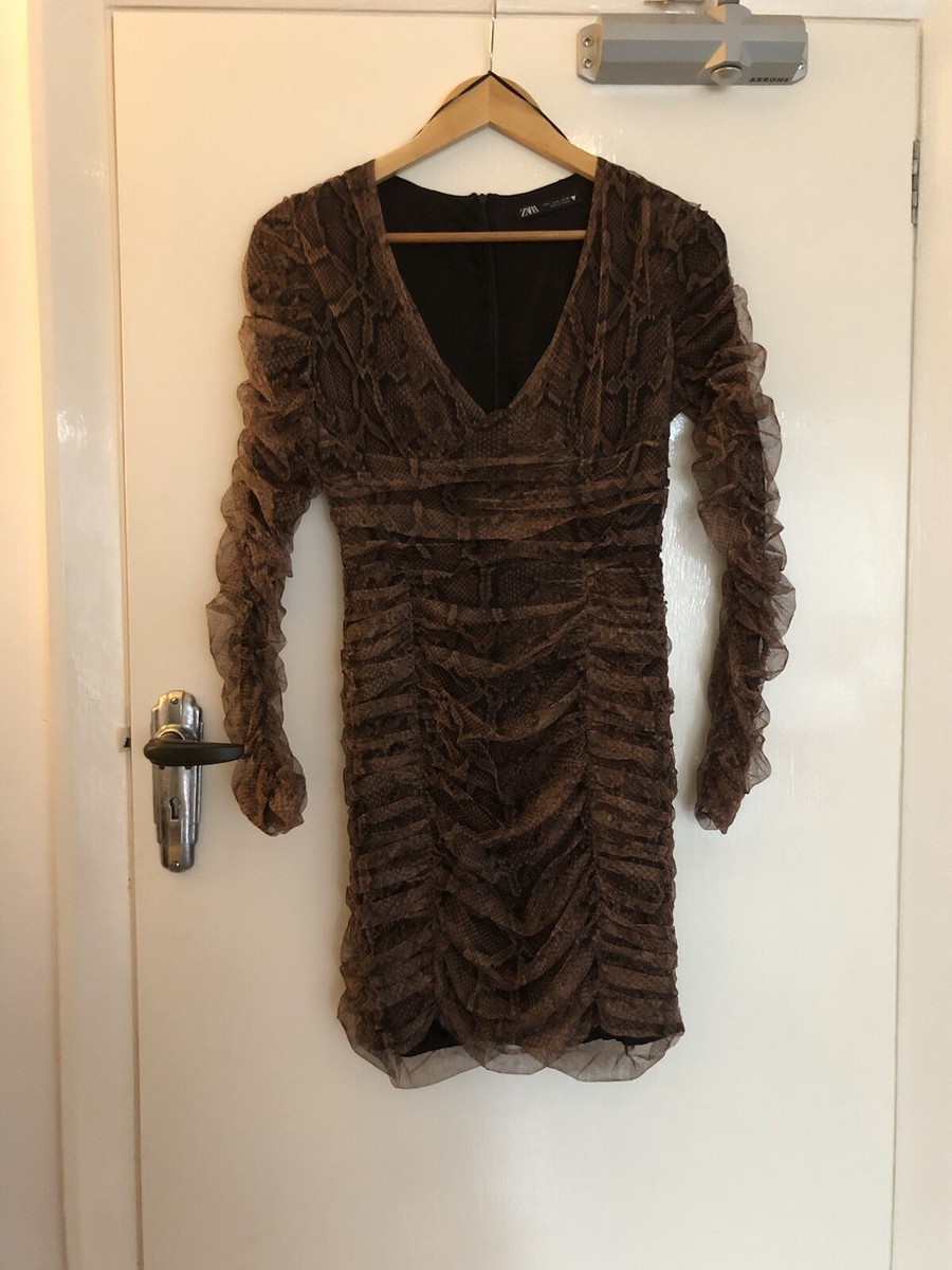 zara ruched snake mini dress Zara Brown Mesh Boned Ruched Snake Print Mini Dress S
