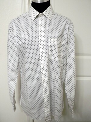 FAIRLINE Men's White /Blue Geometric Designs 100% Cotton Button Down Shirt M