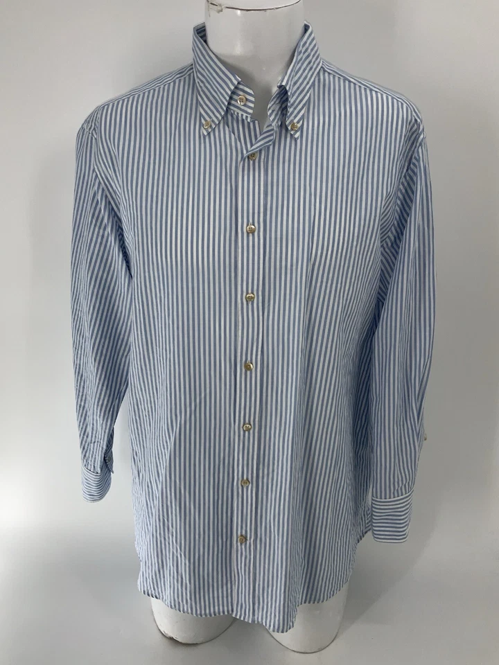 Camisa con botones Stenstroms para hombre XL azul blanco a rayas algodón cáñamo ajustada YGI Y4-59 Foto 2 de 4