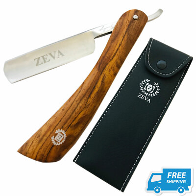 ZEVA WOOD HANDLE SHAVE READY CARBON STEEL STRAIGHT EDGE RAZOR FOR HIM + POUCH