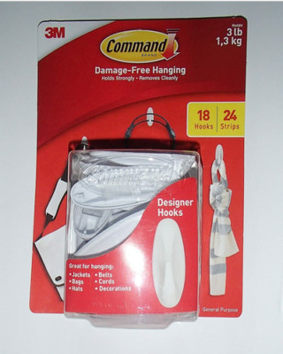 3M COMMAND DAMAGE FREE HANGING HOOKS(WHITE 18 HOOKS/24 STRIPS)OPEN BOX