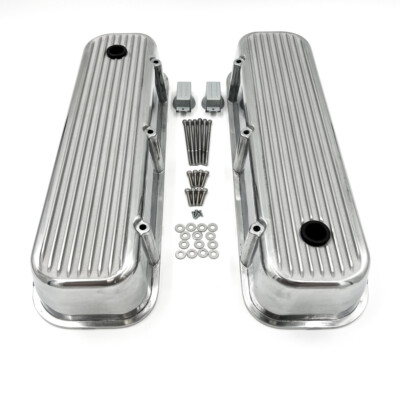 Pair Polished Tall Finned Aluminum Valve Covers For BBC 396 402 427 454 502