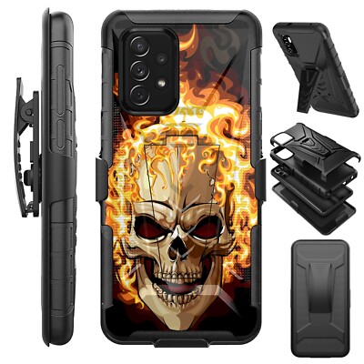 V Holster Case For Galaxy A23 5G/A33/A53 Phone Cover Kick Stand SKULL FIRE