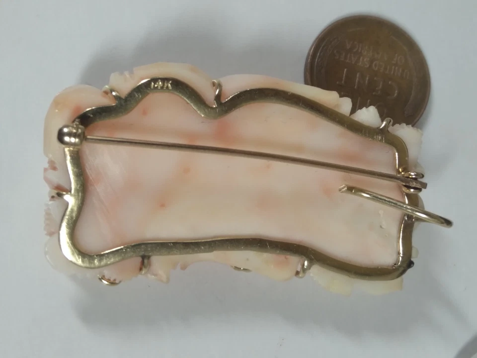 Vintage 14K Gold Carved Rose Floral Angel Skin Pink Coral Broach Pendant - Image 4 of 4