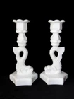 2 Vintage WESTMORELAND White Milk Glass DOLPHIN SERPENT KOI FISH Candlesticks