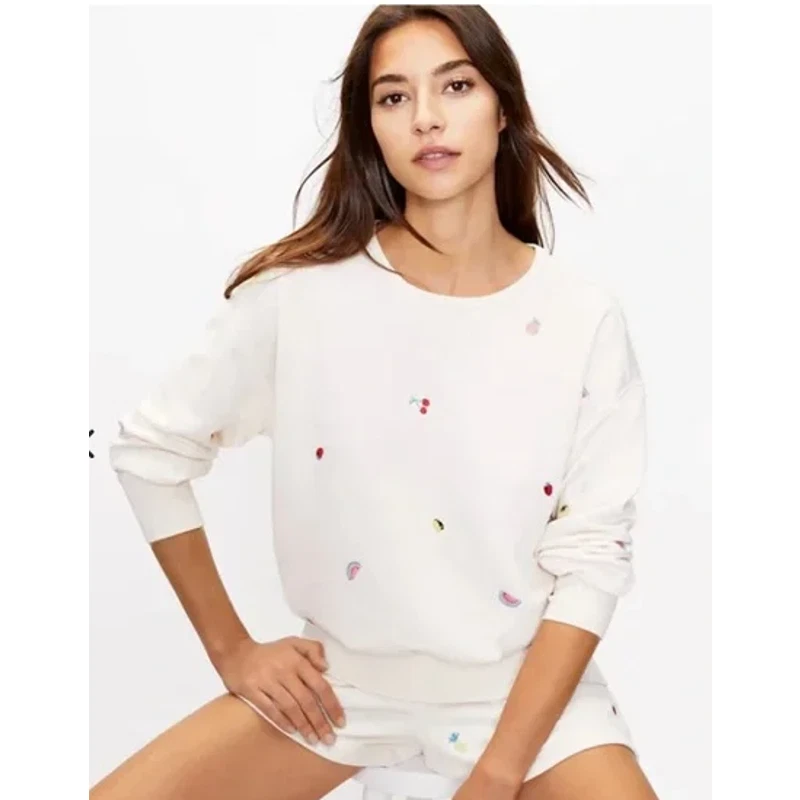 Lou & Grey Embroidered Fruit Terry Crew Neck Pullover Sweatshirt, Size XS,  Cream