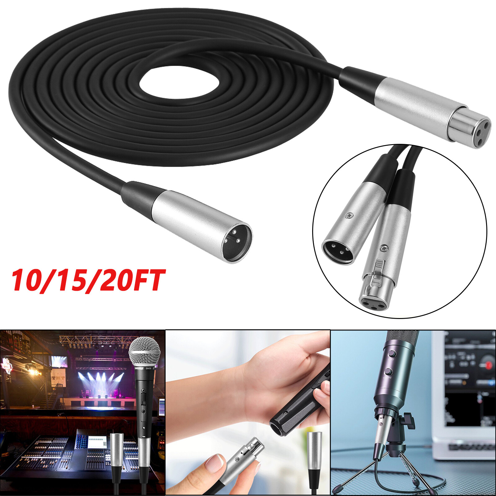 Microphone Mic Pro Audio Cable 10/15/20FT PVC XLR Balanced Cord Male to Female-image