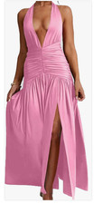 Sexy Halter Deep V Neck Maxi Dress Sleeveless Backless High Slit - Pink