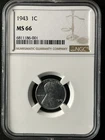 1943  1C Lincoln Wheat One Cent  NGC MS66  6811186-001