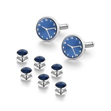 Mens Tuxedo Shirt Button and Cuff Links Set, Classic Shirts Clock-Blue