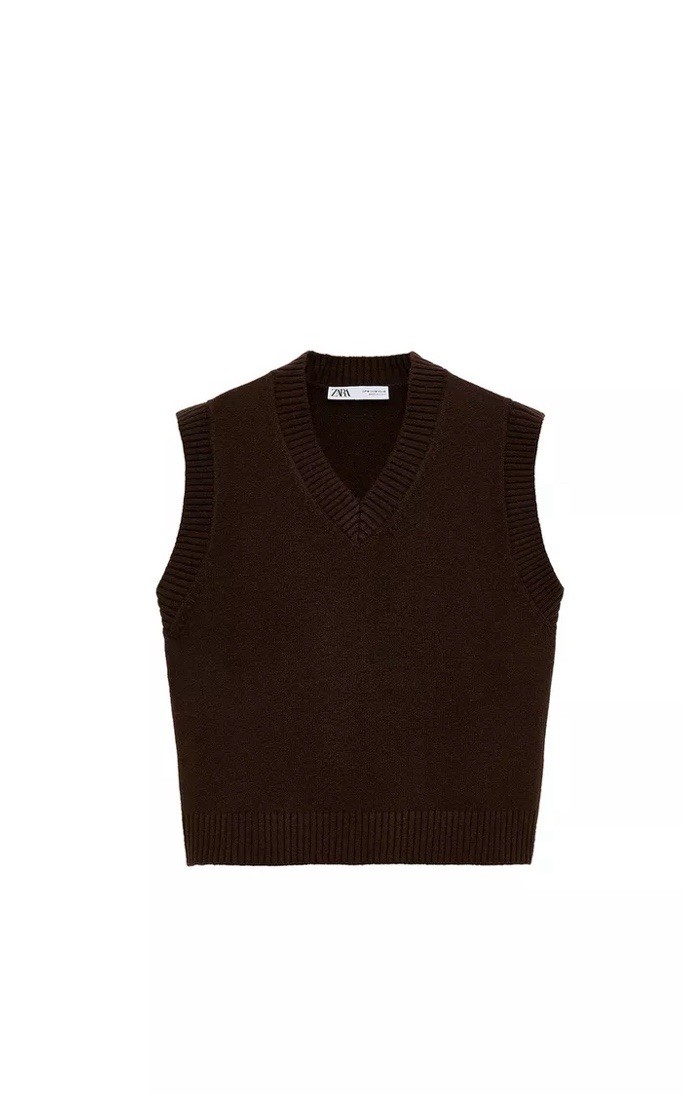 ZARA PLAIN KNIT JUMPER WAISTCOAT SWEATER SZ L DARK BROWN 5536/143/716