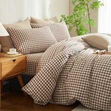 Cotton Tan White Gingham Queen Duvet Cover Set 3pcs 90"x90"  Soft Sturdy