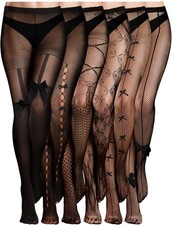 6 Pairs Women Fishnet Thigh High Stockings Waist Tights Bow Patterned Goth