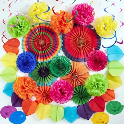 Festive Party Decor Set 33pcs Colorful Rainbow Pompons Hanging Spiral Garland