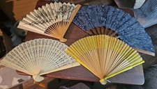  4 Vtg Oriental Fan Folding Hand Held Wood Paper Fabric Plastic Fan Fans