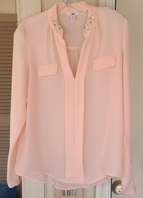 Candies M Semi Sheer Peach Pearl Rhinestone Embellished Collar Tunic Top Blouse 