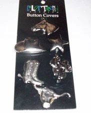 NOS 6 CLORTREN FASHION BUTTON COVERS SILVER TONE WESTERN THEME-HORSE, SADDLE ETC