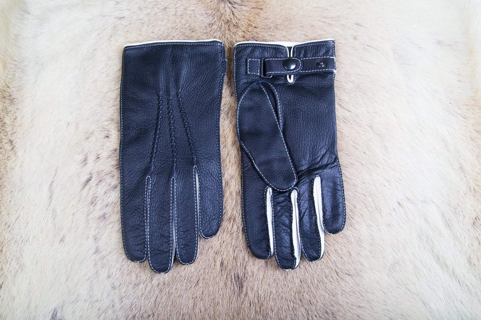 Men's Winter Gloves Black Deerskin White Cashmere Lining