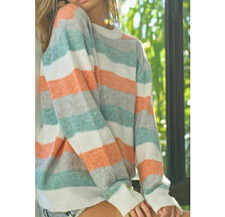 Womens Multicolor Knit Crew Neck Long Sleeve Pullover Sweater Striped Ribbed