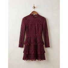 NQMM Burgundy Lace Ruffle Tiered Long Sleeve Mini Dress Size M Boho Chic Fall