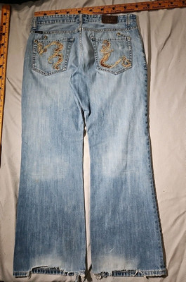 Vintage Marc Ecko Jeans 38 Blue Baggy Embroidered Denim Distressed Pants 