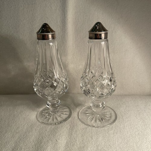Vintage Waterford Kristall Lismore Salz und Pfefferstreuer mit Fuß Set Silber Deckel - Bild 1 von 6