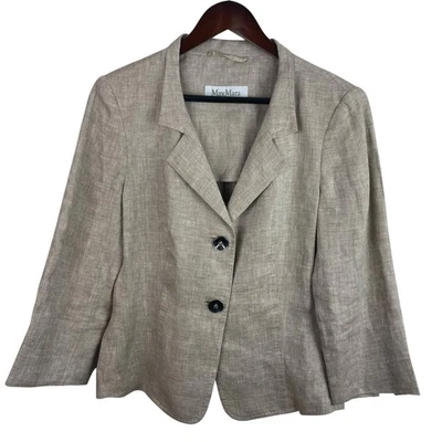 Max Mara Size 12 Beige Linen Two Button Unstructured Blazer Jacket Designer