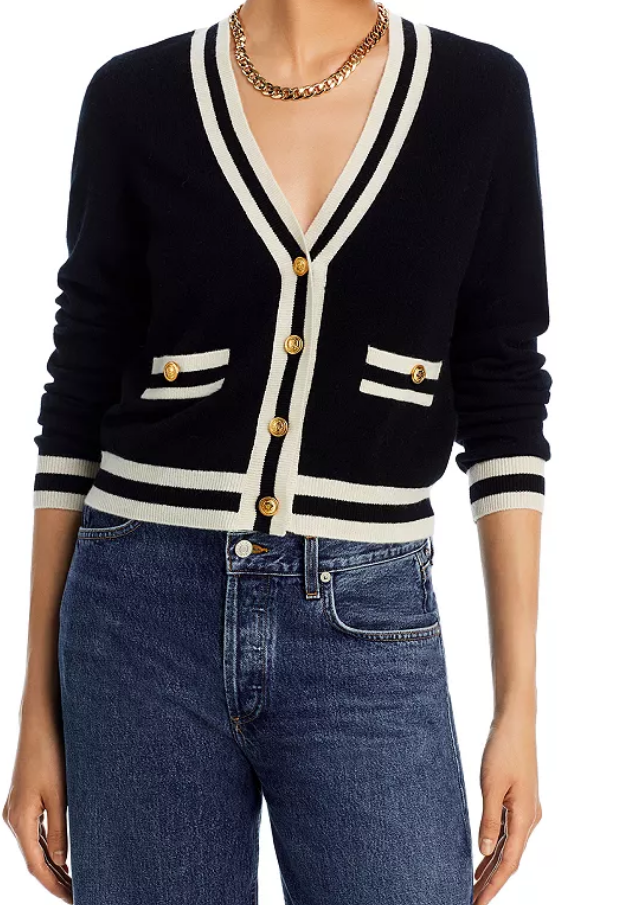 Aqua 100% Cashmere women's Gold Button Black / Ivory Cardigan - Small -msrp $198