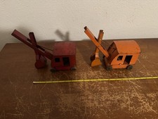 Two (2) Vintage Pressed Steel Steam Shovel Bucket Crane Toys Made In USA