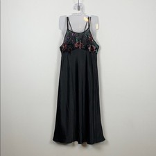 Secret Treasure 90's Satin Burnout Floral Embroidered Chemise Black Slip Dress