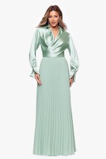Xscape SZ 4 Sage Green Satin Chiffon Pleated Maxi Gown Long Sleeve Dress NWT MOB