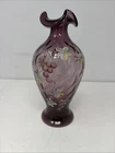 Vintage Fenton Hand Painted Purple Vase - By C. Smith - Rare - Floral Flowers 8”