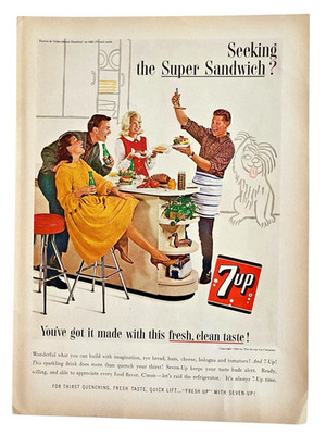 Vtg 7UP Print Ad 1960s Couples Having Dinner 1963 Kitchen Wall Decor