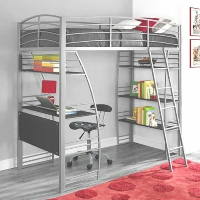 Teen Metal Twin Loft Silver Bed Frame Guardrails Desk Shelves