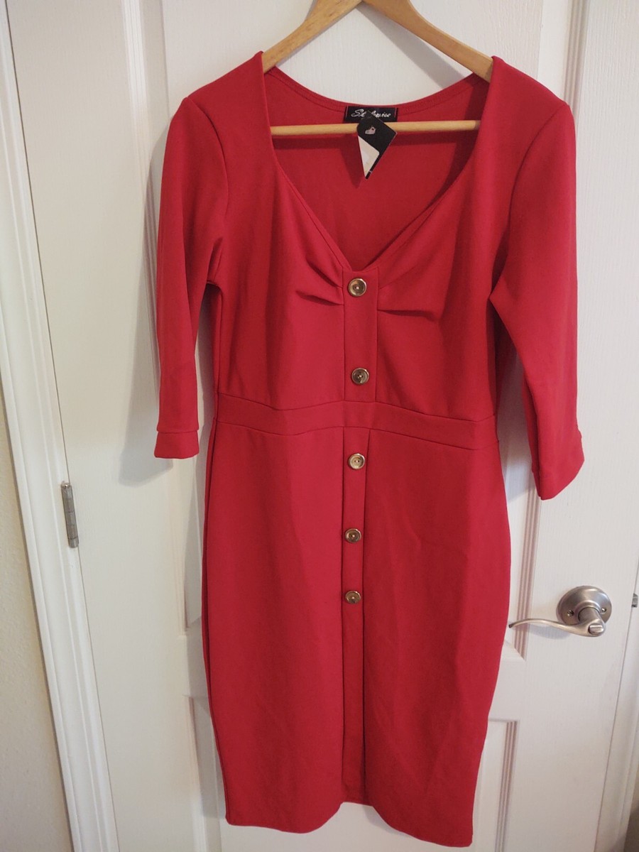 red dress gold buttons Rosalyn Gold Button Dress, Red