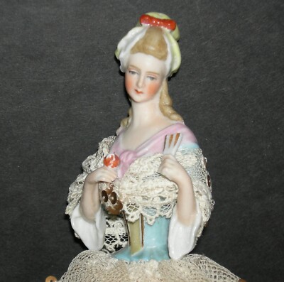 HALF DOLL FIGURINE - 6 1/2'' - MARKED GERMANY - HOLDING A FAN & ROSE - ANTIQUE!!