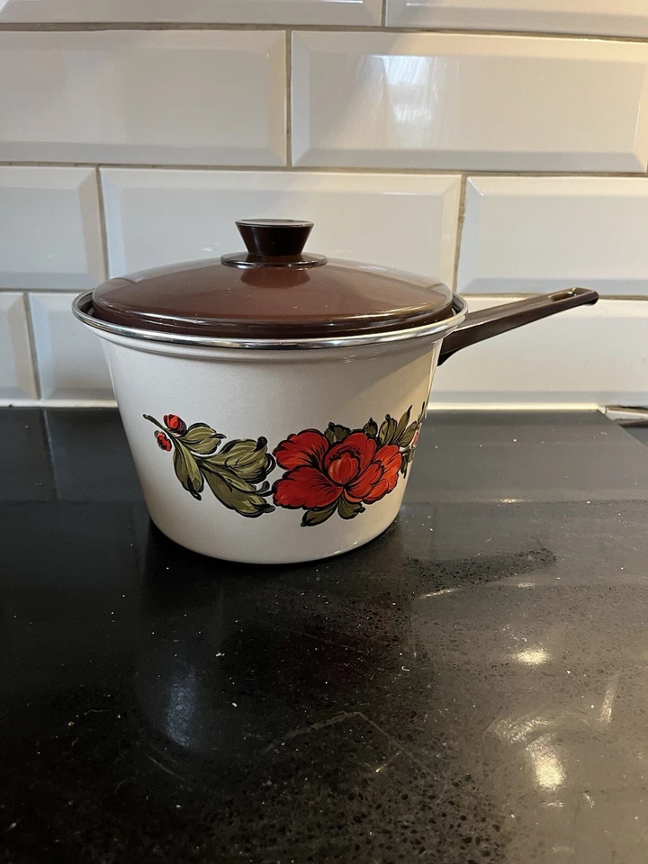 Vintage Baumann Cookware NEW Old Stock Enamel Deep Pan With Lid Brown 70s German - Image 4 of 4