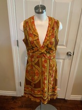 Anna Sui Marigold & Pink Floral Silk Sleeveless V-Neck Dress, Size 6