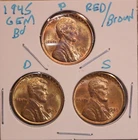 1945 P D S LINCOLN WHEAT CENT PENNY 1C GEM REDBROWN BU SET (3 COINS) 45522