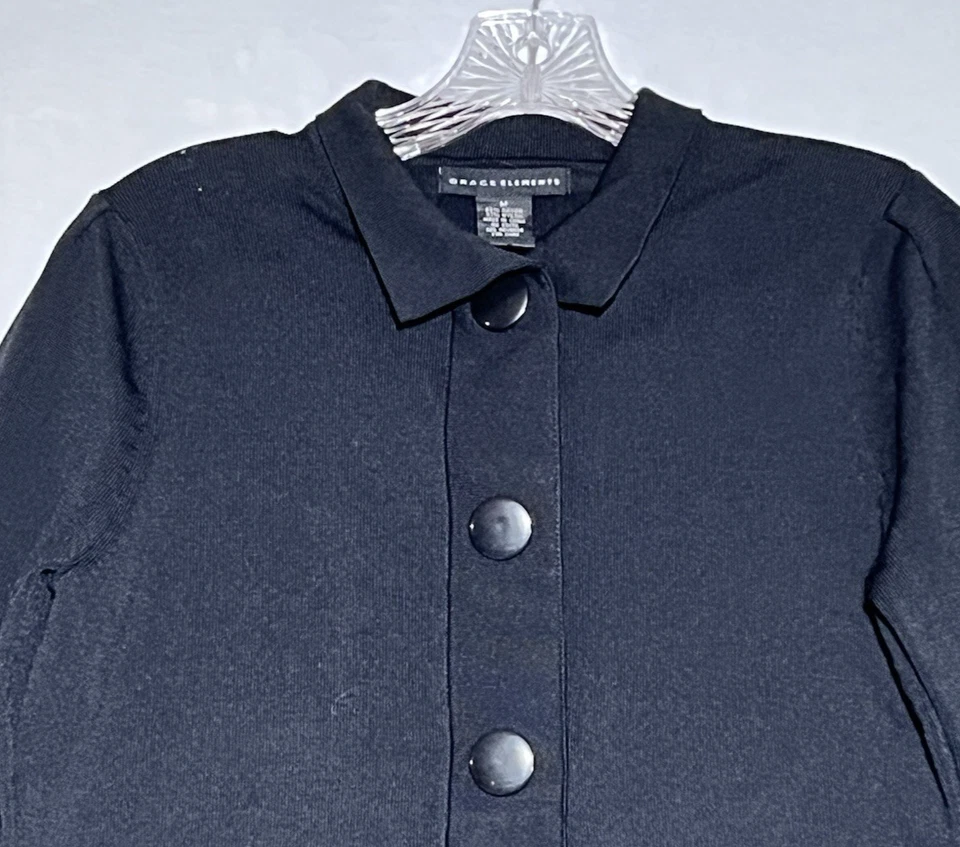 Blusa Grace Elements Top Mujer M Negra Mezcla Rayón Tejida 3/4 Cuello Abotonado Foto 3 de 4