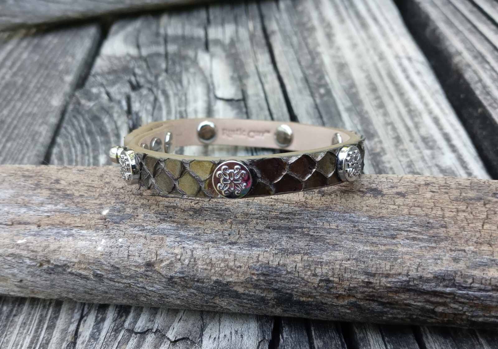 Rustic Cuff Bracelet Olive Green Python Leather W… - image 2