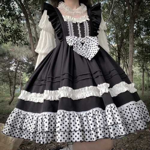 Women Japanese Kawaii Lolita Mori Girl Ruffled Bow High Waist JSK Dress - Picture 10 of 22