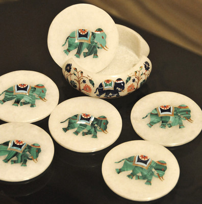 Marvelous Marble Lapis Elephant Inlay Tea Coffee Coaster Set Kitchen Home Decor 